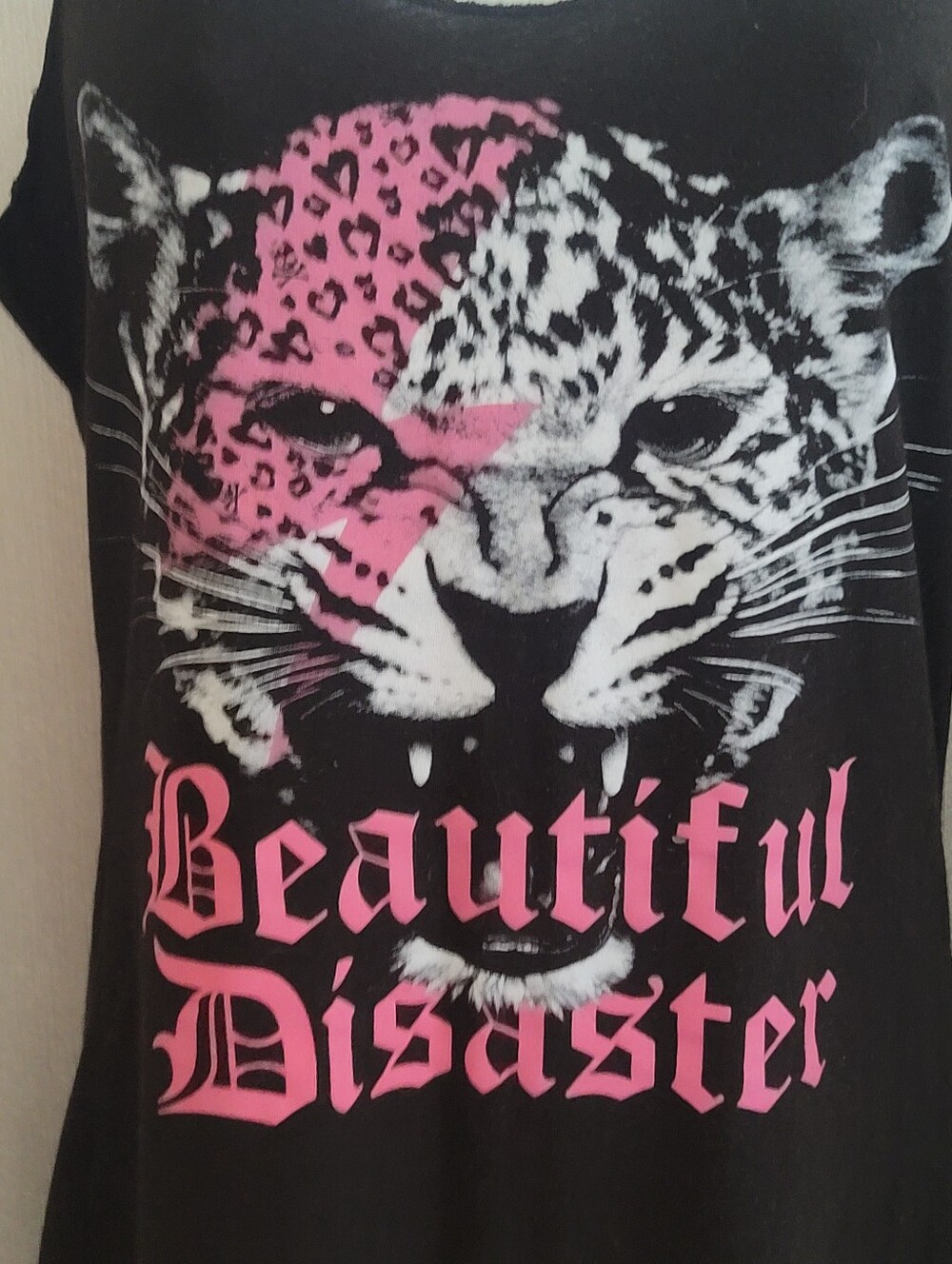 Black Tank Top with Pink Leopard Graphic "Beautiful Disaster" - Picture 2 of 4